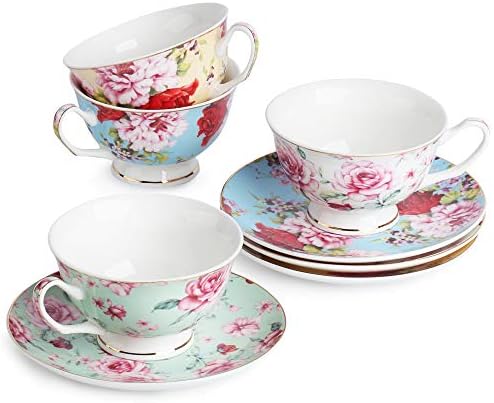 BTaT - Чаени чаши, Комплект от 4 Чаени чаши и блюдец, Чай, Цветя Чаени чаши (8 унция), Комплект чаени чаши и блюдец, Чай, Порцеланови