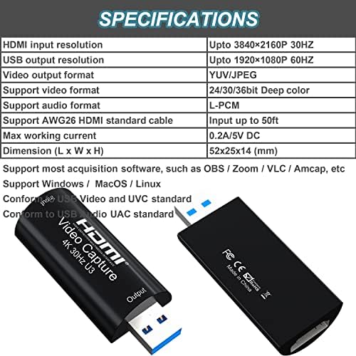 AMZHRLY 4K, HDMI, USB 3.0 Карта заснемане на видео 1080 P 60 кадъра в секунда Cam Линк Карта Адаптер за заснемане на игрални карти