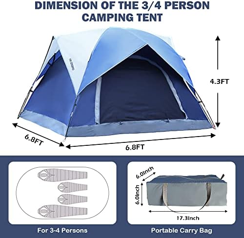 Палатка за 3 човека за къмпинг, Малка Куполна палатка HIKERBRO с 2 врати нов дизайн и наполовина мрежесто таван, Водоустойчив
