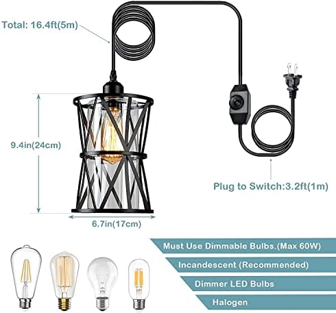 HMVPL Окачен лампа с вилица в фермерска къща, Уличен Окачен лампа с димер за включване/ изключване на кабела, Окачена лампа с вилица в трапезарията,