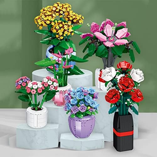 Комплект за монтаж на Букет цветя GreenFinger, Набор от градивни елементи за цветове на Рози с Ваза, Съвместими с Lego, 878 бр.
