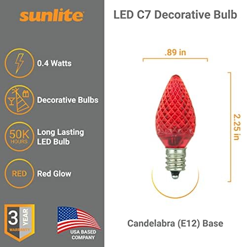 Празнична Декоративна крушка Sunlite 80702 LED C7, 0,4 W, База като Канделябра E12, Фасетиран коледни Гирлянди; нощна светлина, Червена, 6 Точки