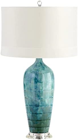 Настолна лампа Циан Designs 05212 с Бял Ленен Нюанси, Покрита със Синя Глазура